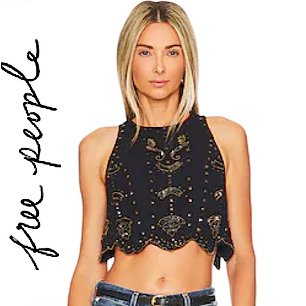 FREE PEOPLE.NWT. Gorgeous “Esther”embellished cropped tank top. Black & Gold. XL